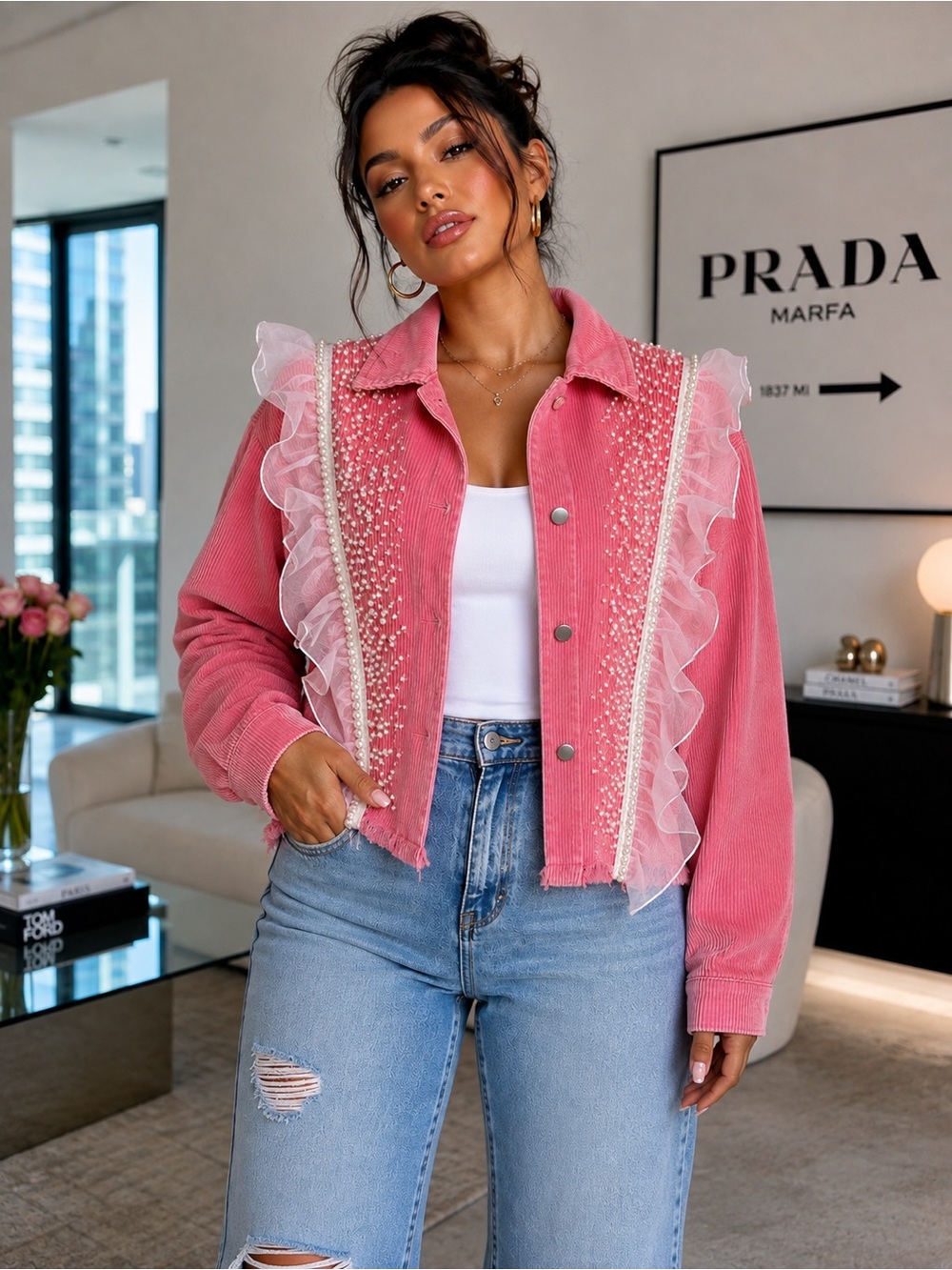 POL Pink Ruffled Pearl-Embellished Women's Jacket Corduroy